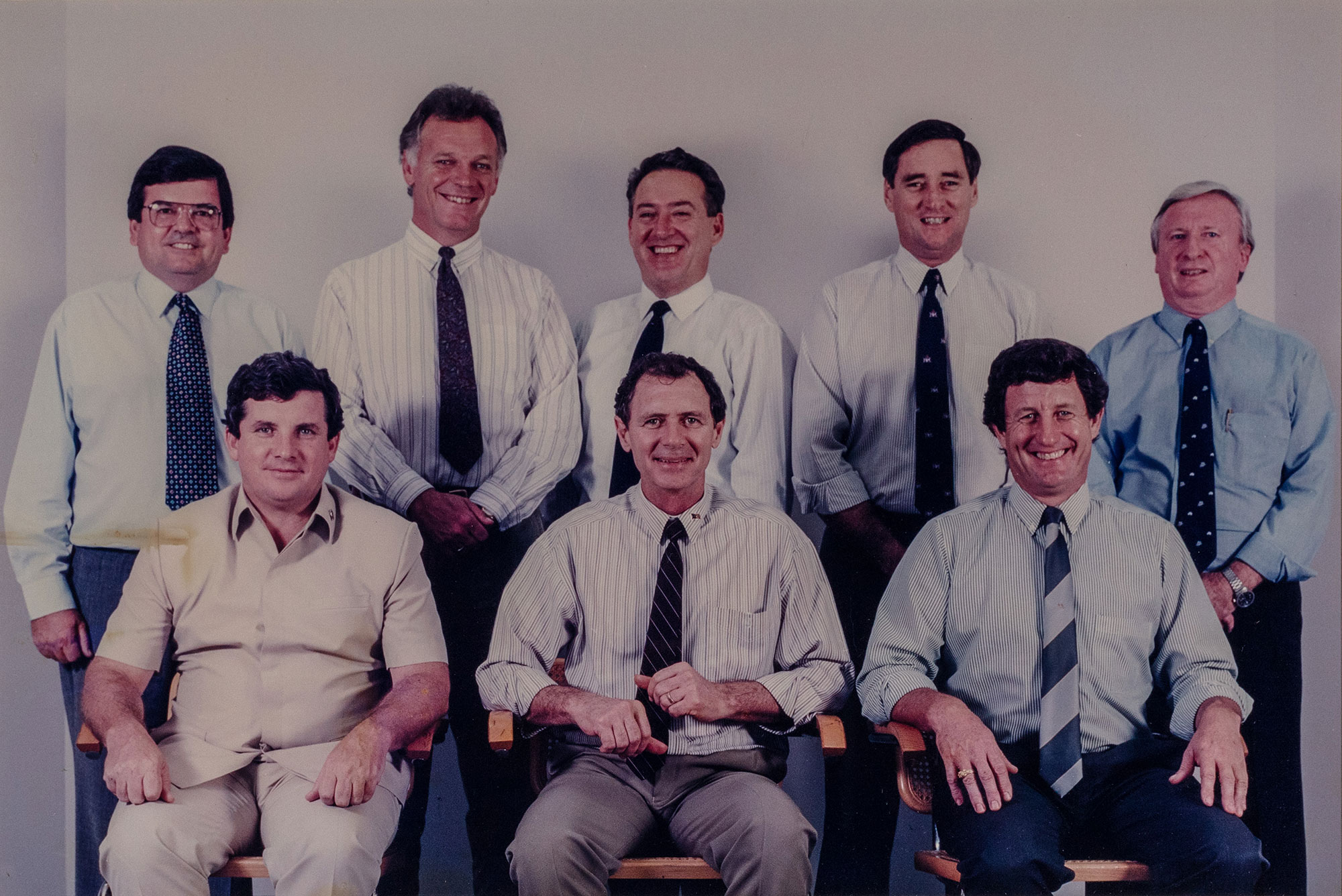 Back row (L-R): Hon EH Poole MLA, Hon SP Hatton MLA, Hon DW Manzie MLA, Hon MA Reed MLA, Hon FA Finch MLA Front row (L-R): Hon SL Stone MLA, Hon MB Perron MLA, Hon BF Coulter MLA<br />The Fifth Perron Ministry (30 November 1992 to 16 September 1993) included MH Ortmann.<br />Image courtesy of Library & Archives NT, Department of the Chief Minister, NTRS 3813 P1, Box 6, Item 12, Sixth Perron Ministry (16 September 1993 to 4 June 1994)