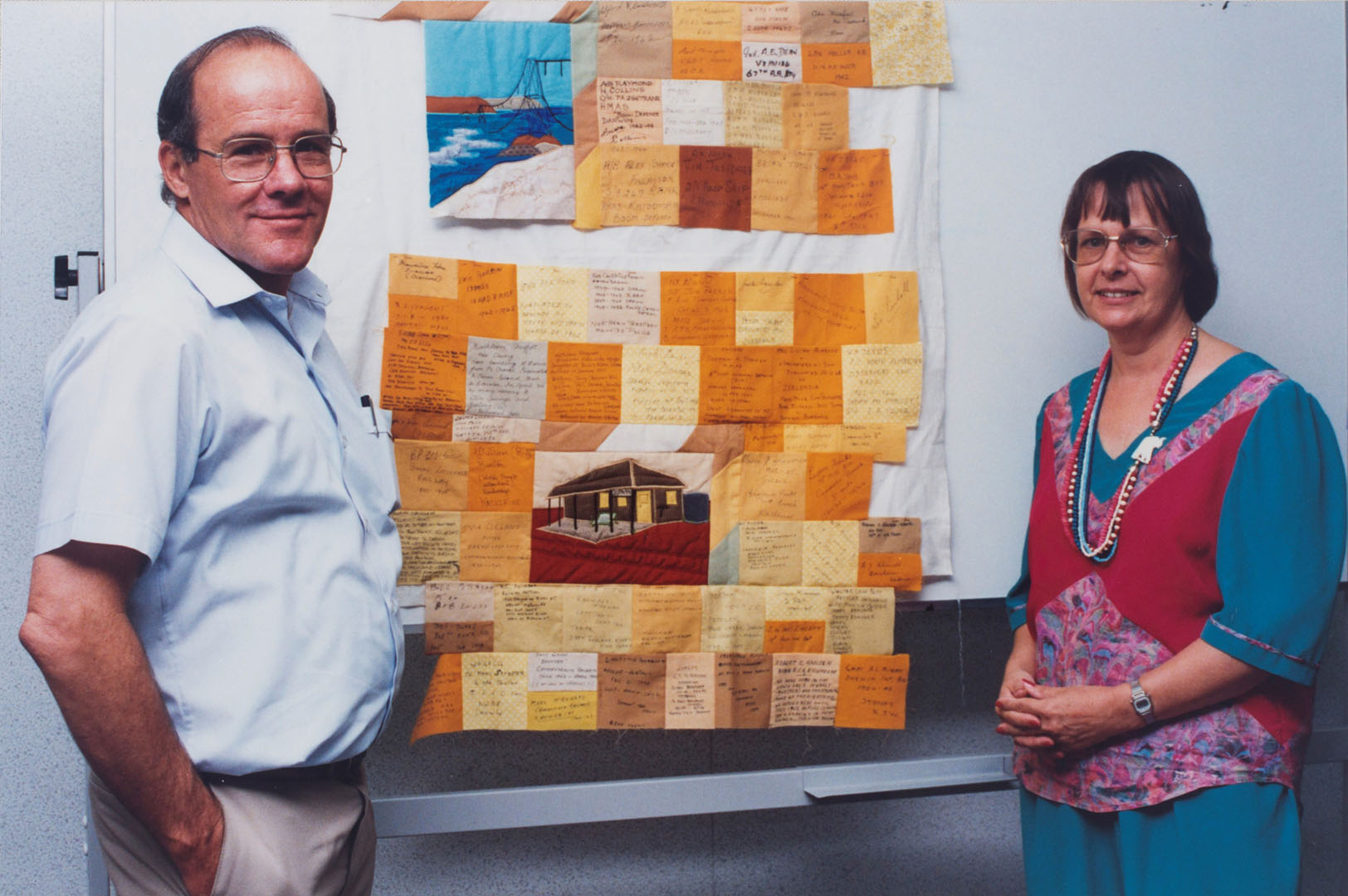 Jenny Armour and the 'Bombing of Darwin' commemoration quilt, Northern Territory State Reference Library, circa 1991<br>Image courtesy of Library & Archives NT, https://hdl.handle.net/10070/333226