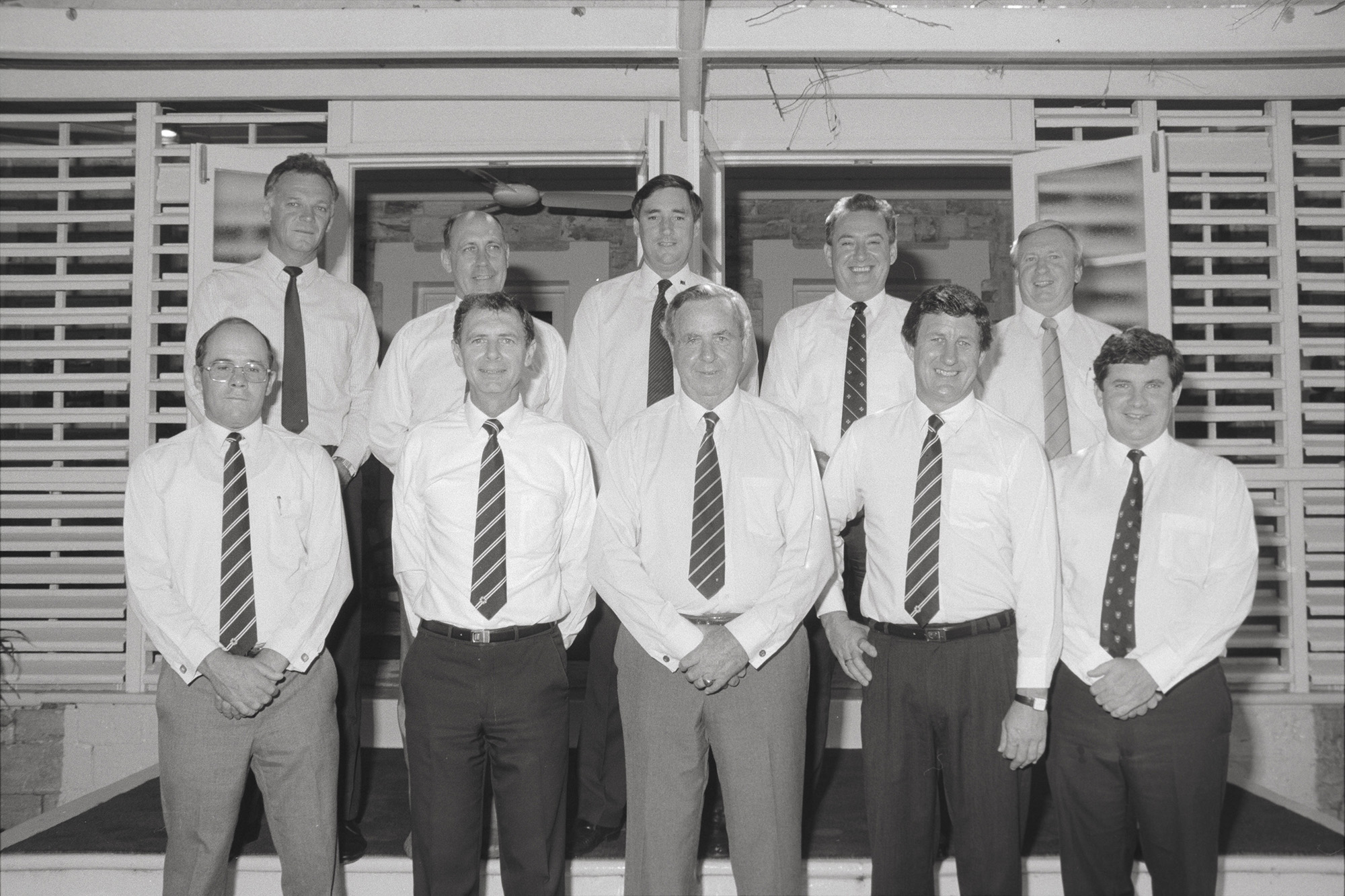 Back row: Hon Steve Hatton MLA, Hon Max Ortmann MLA, Hon Mike Reed MLA, Hon Daryl Manzie MLA, Hon Fred Finch MLA<br />Front row: Hon Roger Vale MLA, Hon Marshall Perron MLA, Administrator Hon Justice James Muirhead AC, Hon Barry Coulter MLA, Hon Shane Stone, MLA.<br />Image courtesy of Library & Archives NT, Department of the Chief Minister, NTRS 3823 P1, Box 11, BW2950, Image 18 [Ministers, 13 November 1990]
