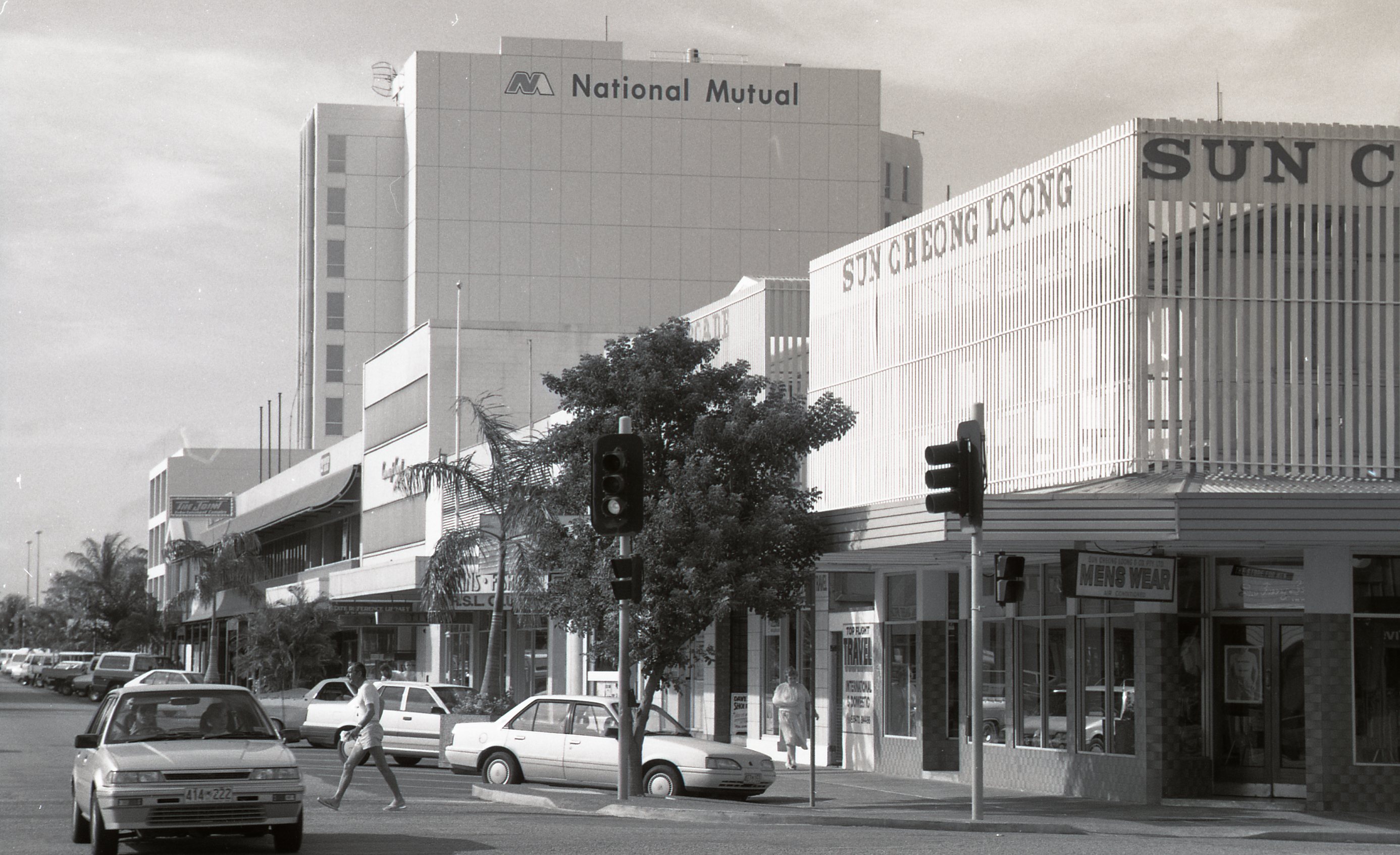 Corner of Cavenagh and Knuckey Streets, 19 April 1989<br />Image courtesy of Library & Archives NT,  Department of the Chief Minister, NTRS 3823 P1, Box 11, BW2811, Image 10