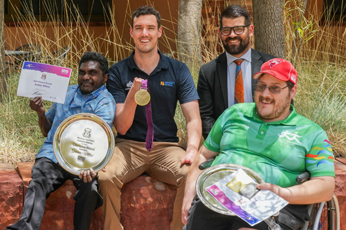 Champion Award winners Graham Wilfred and Royston Thompson with guest speaker Blake Cochrane and Alice Springs Mayor Matt Paterson.